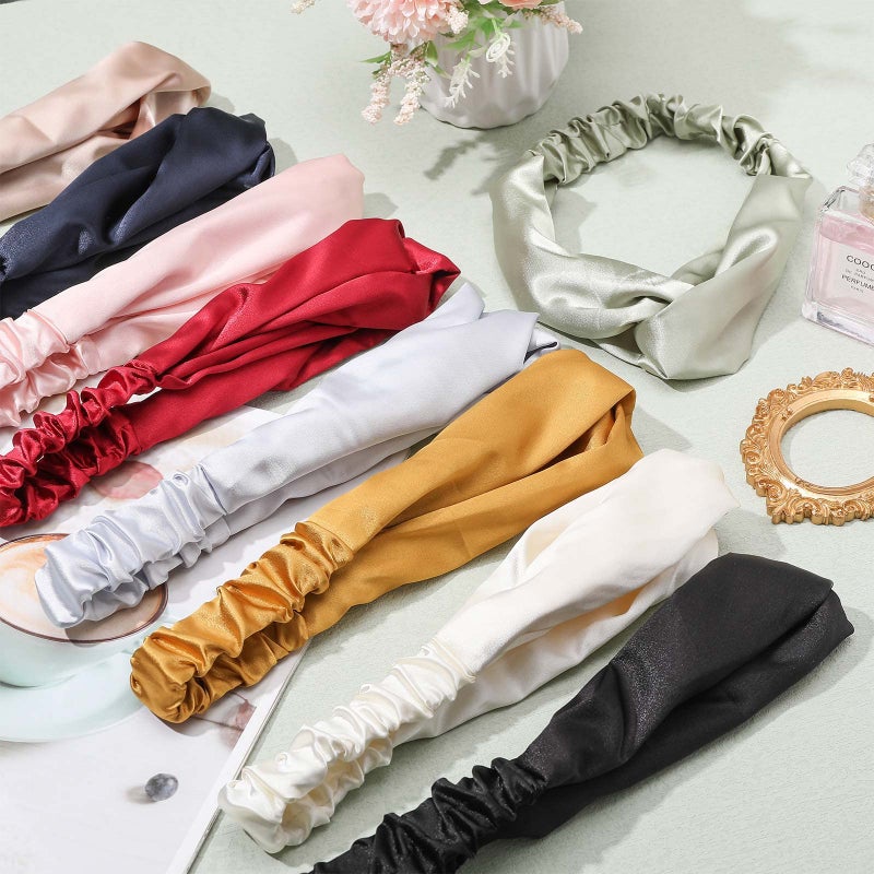 MTLEE 9 Pieces Elastic Hair Wraps and Adjustable Satin Headbands Twisted Turban Band for Face Washing, Women and Girls Hair Accessory, 9 Colors - Image 3