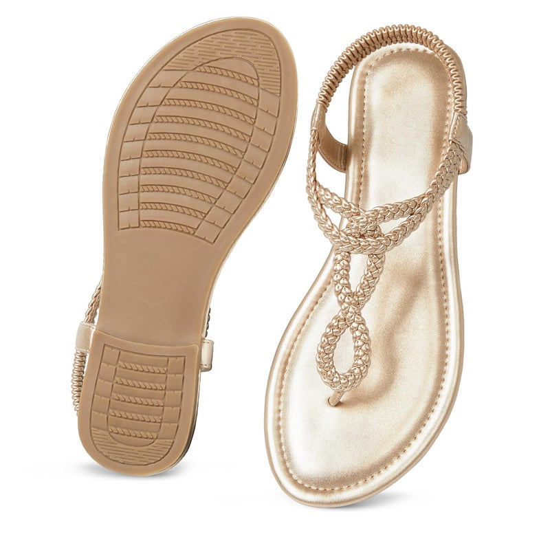 iCKER Women's Braided T-strap Thong Flat Sandals Elastic Brand Roman Gladiator Flip Flop Shoes-Woven Gold-8 - Image 5