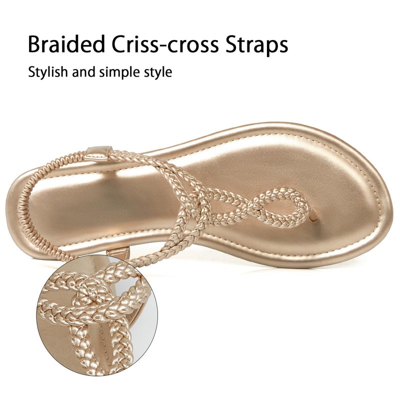 iCKER Women's Braided T-strap Thong Flat Sandals Elastic Brand Roman Gladiator Flip Flop Shoes-Woven Gold-8 - Image 2