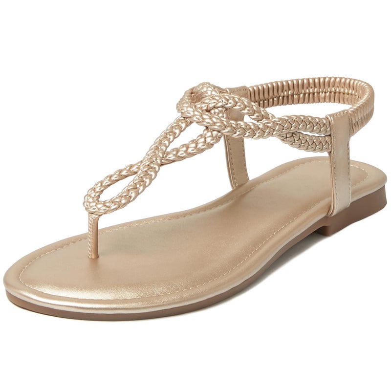 iCKER Women's Braided T-strap Thong Flat Sandals Elastic Brand Roman Gladiator Flip Flop Shoes-Woven Gold-8 - Image 1