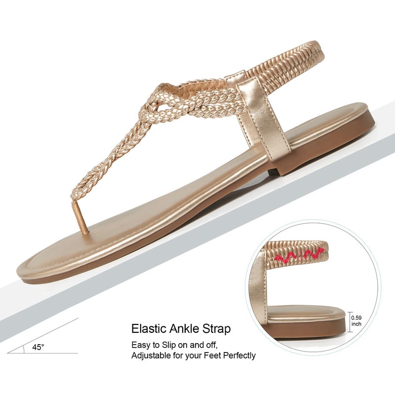 iCKER Women's Braided T-strap Thong Flat Sandals Elastic Brand Roman Gladiator Flip Flop Shoes-Woven Gold-8 - Image 3