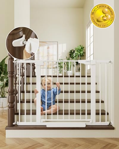 Cumbor 29746 Baby Gate for Stairs Toddler Safety Essentials for The House Auto Close Dog Gate for Doorways Moms Choice Awards WinnerEasy Install Pressure Mounted Pet Gates for Dogs White