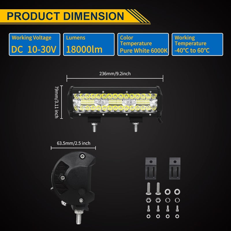 RIGIDON 9Inch LED Light Bar 180W Triple Row Flood Spot Combo 18,000LM Waterproof Off Road Lights - Image 5