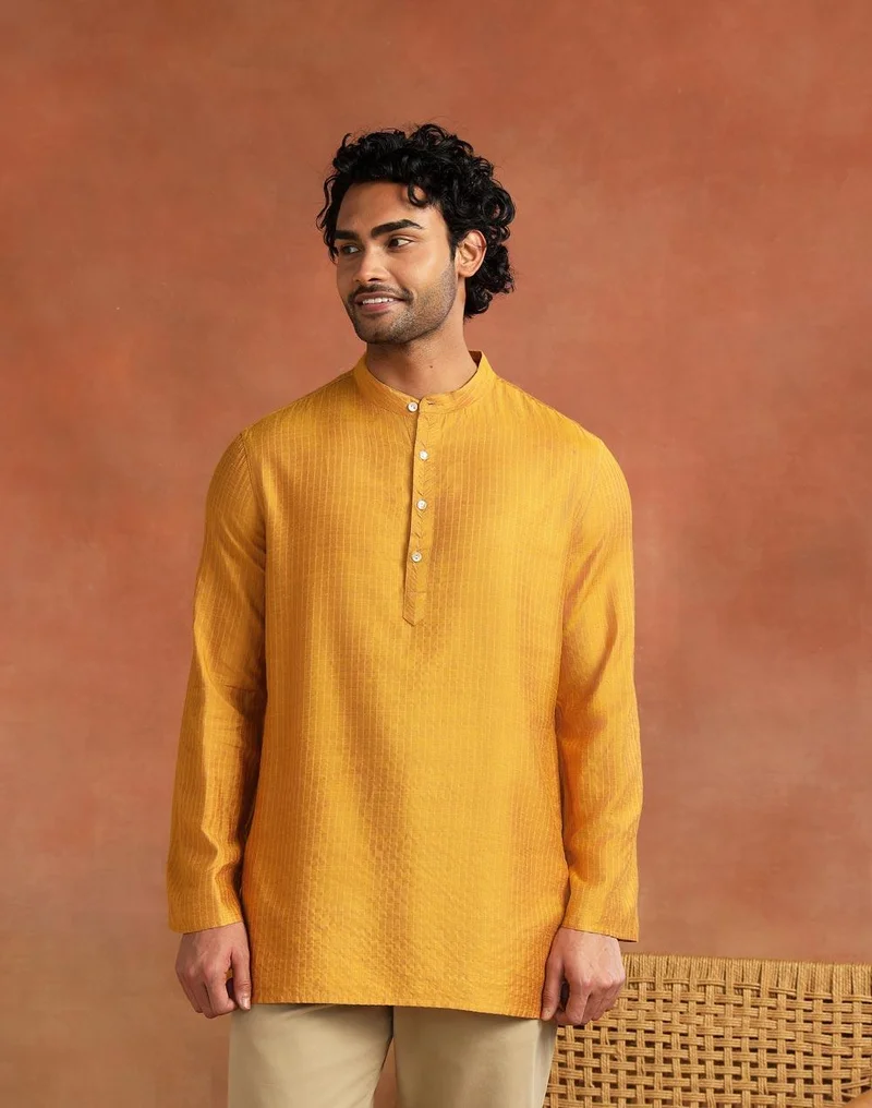 Fabindia Mustard Viscose Silk Blend Stripe Short Kurta