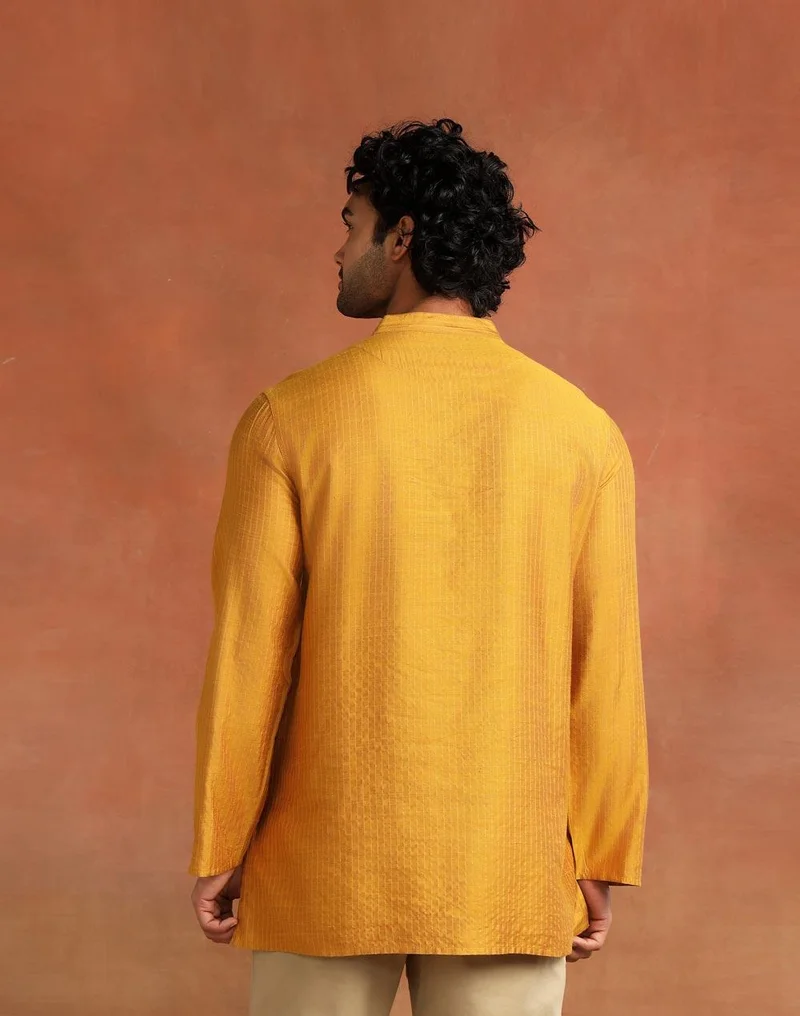 Fabindia  Mustard Viscose Silk Blend Stripe Short Kurta for Men | Best Price UAE