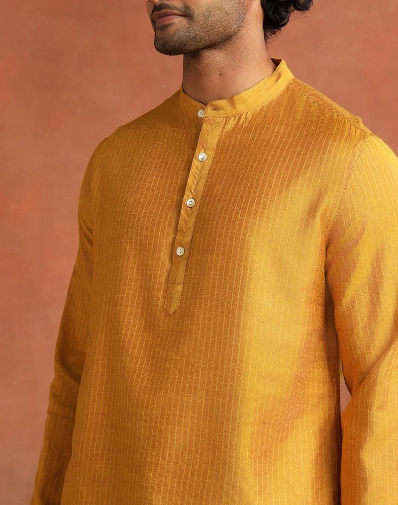 Fabindia  Mustard Viscose Silk Blend Stripe Short Kurta for Men | Best Price UAE
