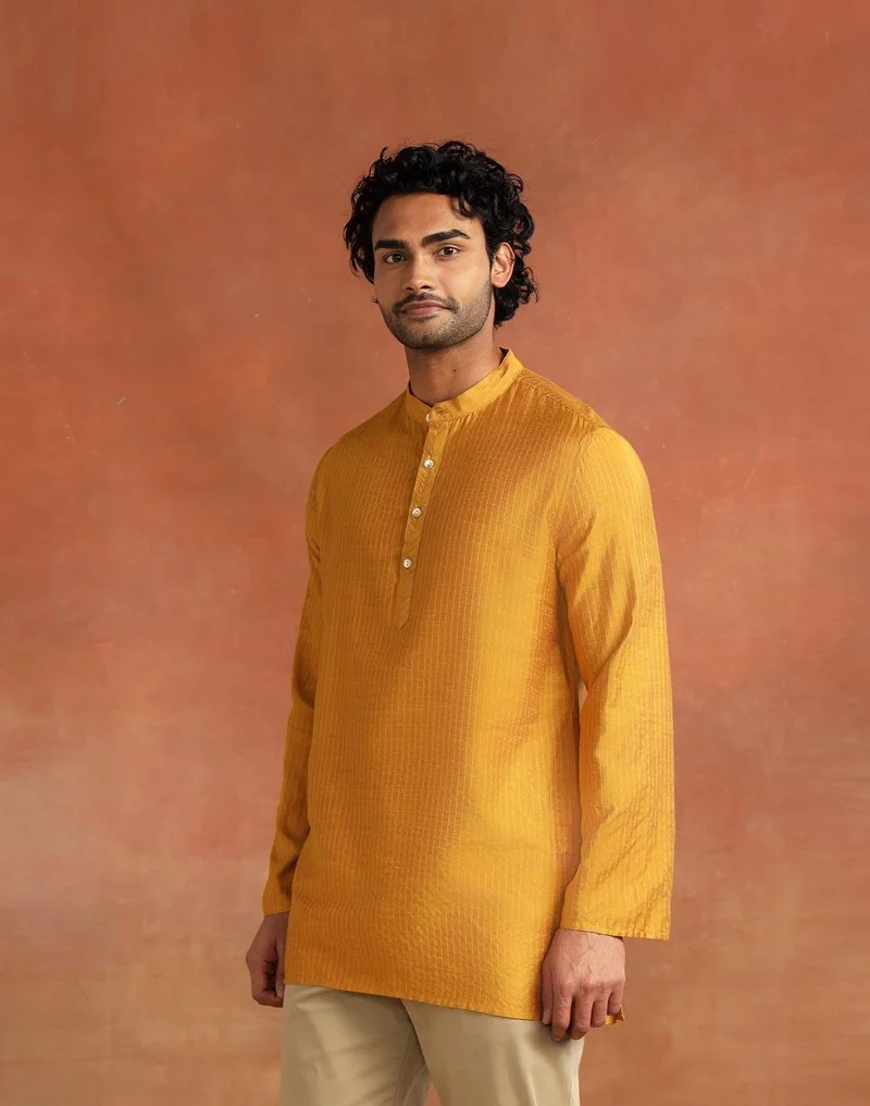 Fabindia  Mustard Viscose Silk Blend Stripe Short Kurta for Men | Best Price UAE