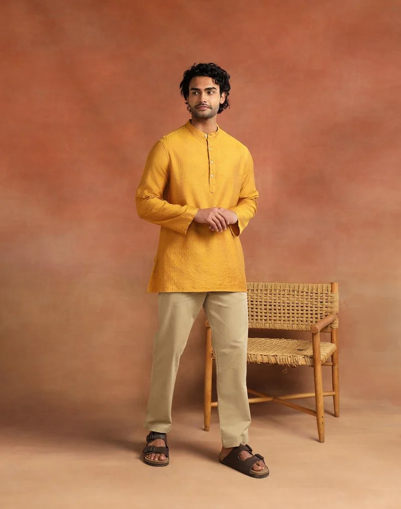 Fabindia  Mustard Viscose Silk Blend Stripe Short Kurta for Men | Best Price UAE