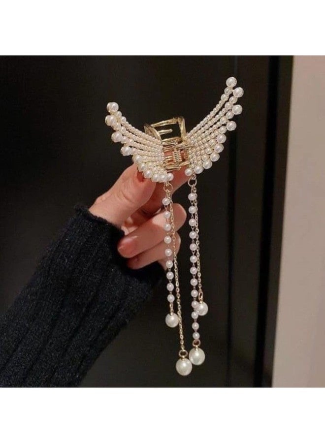 DN Creation Set of 1 Crystal Rhinestone Butterfly Hair Claws Metal Pearl Tasselled Hair Jaw Clamp Nonslip Hair Grab Clips for Girls/Women - Image 1