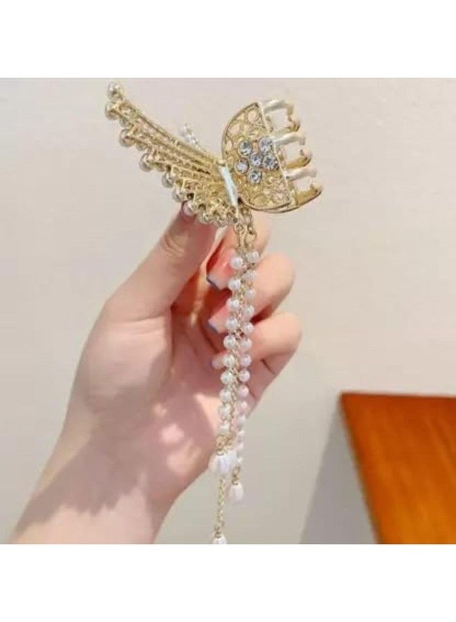 DN Creation Set of 1 Crystal Rhinestone Butterfly Hair Claws Metal Pearl Tasselled Hair Jaw Clamp Nonslip Hair Grab Clips for Girls/Women - Image 2