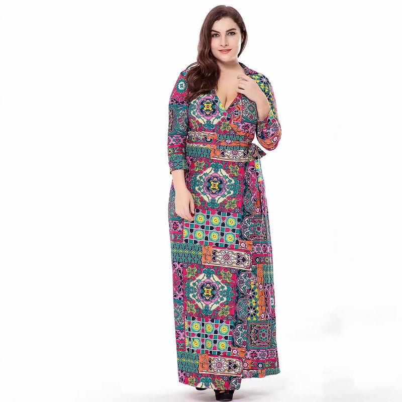 Plus Size Knit Print Wrap Dress Cardigan Long Dress - Image 4