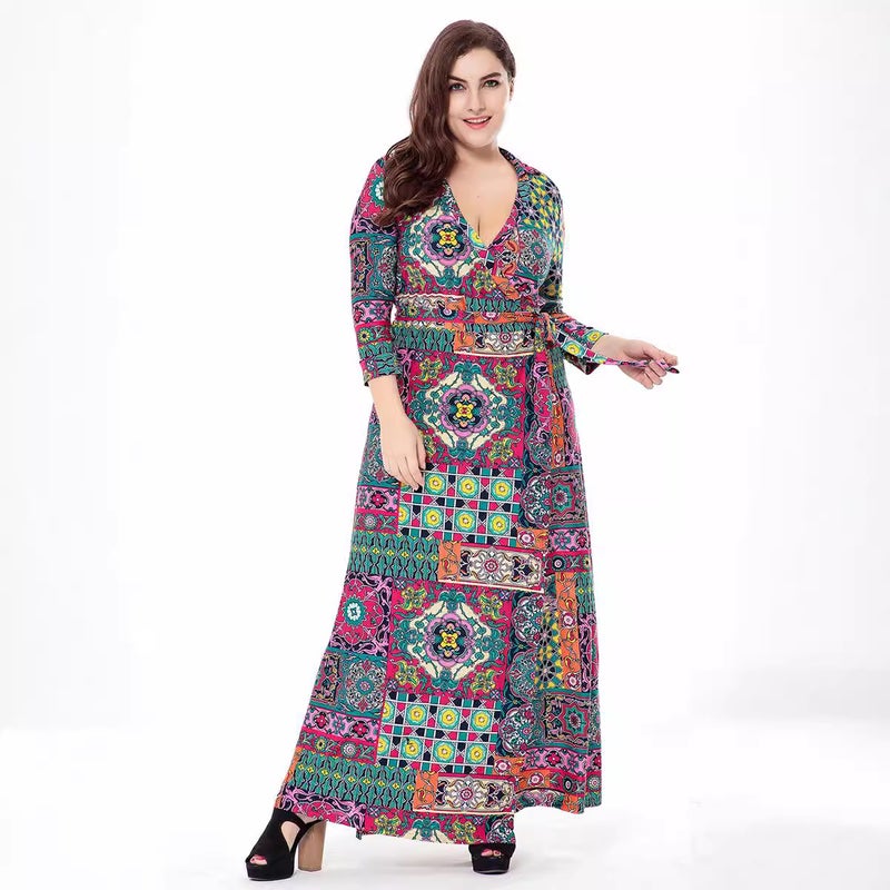 Plus Size Knit Print Wrap Dress Cardigan Long Dress - Image 1