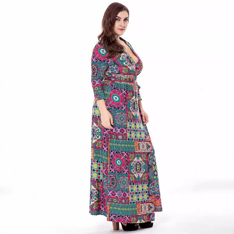 Plus Size Knit Print Wrap Dress Cardigan Long Dress - Image 2
