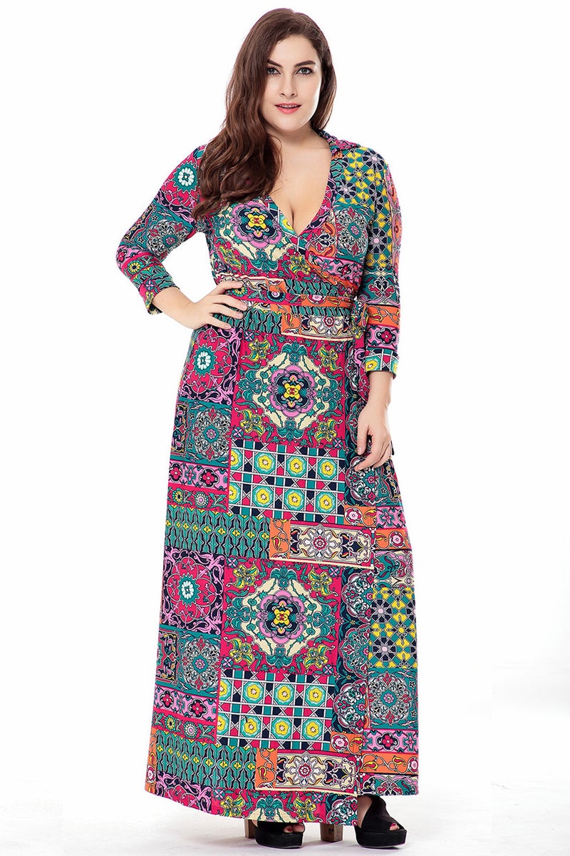 Plus Size Knit Print Wrap Dress Cardigan Long Dress - Image 5