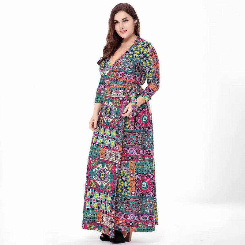 Plus Size Knit Print Wrap Dress Cardigan Long Dress - Image 3
