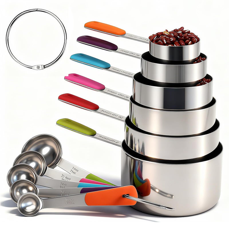 Bopei Measuring Cups and Spoons Set Stainless Steel 11 Piece for Cooking and Baking (6 Cups + 5 Spoons, Colorful Handles) - Image 1