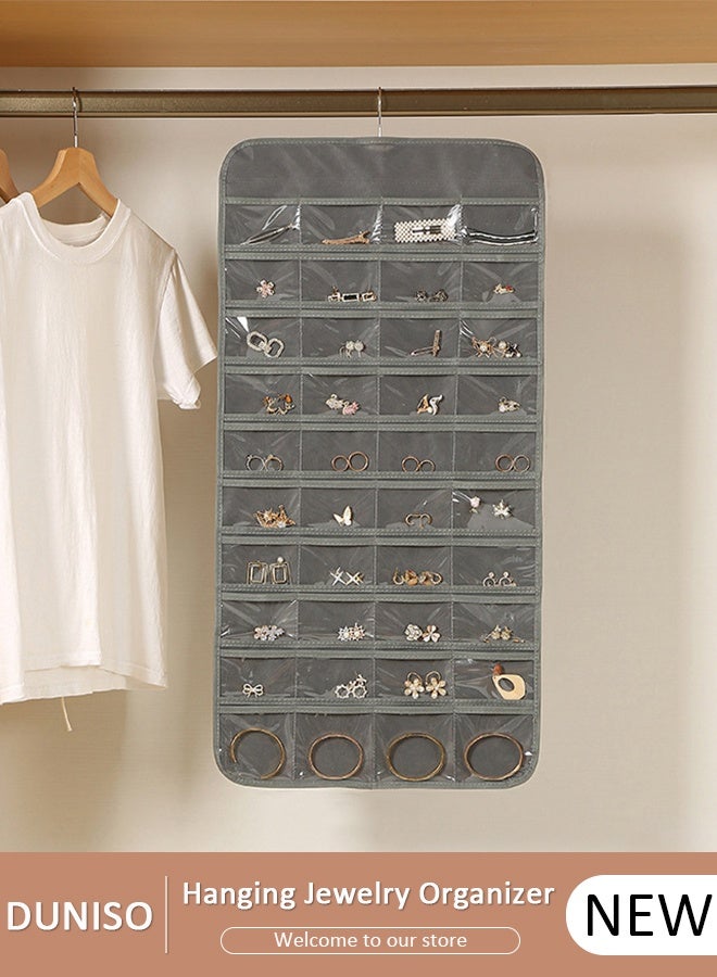 DUNISO Hanging Jewelry Organizer, Double Sided 80 Pocket Jewelry Chain Storage Bag, Multifunctional Jewelry Storage with Hanger Metal Hooks, Wall Mounted Display Stand for Earrings Necklace Bracelet Ring, Holder Box for Closet, Wall, Door - Image 1