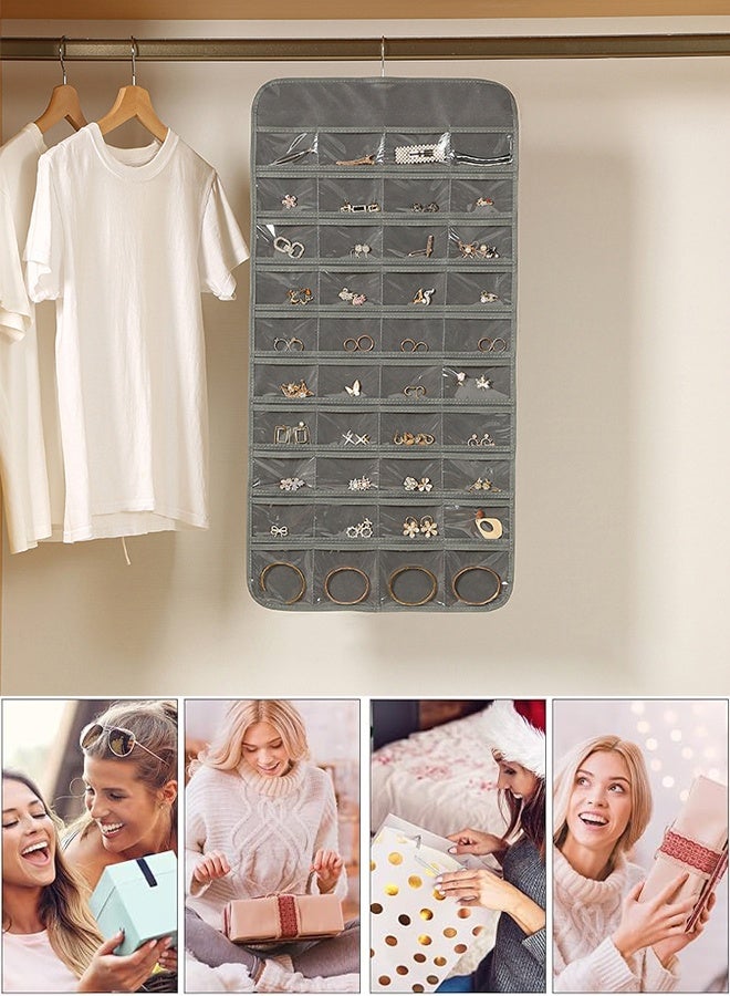 DUNISO Hanging Jewelry Organizer, Double Sided 80 Pocket Jewelry Chain Storage Bag, Multifunctional Jewelry Storage with Hanger Metal Hooks, Wall Mounted Display Stand for Earrings Necklace Bracelet Ring, Holder Box for Closet, Wall, Door - Image 5