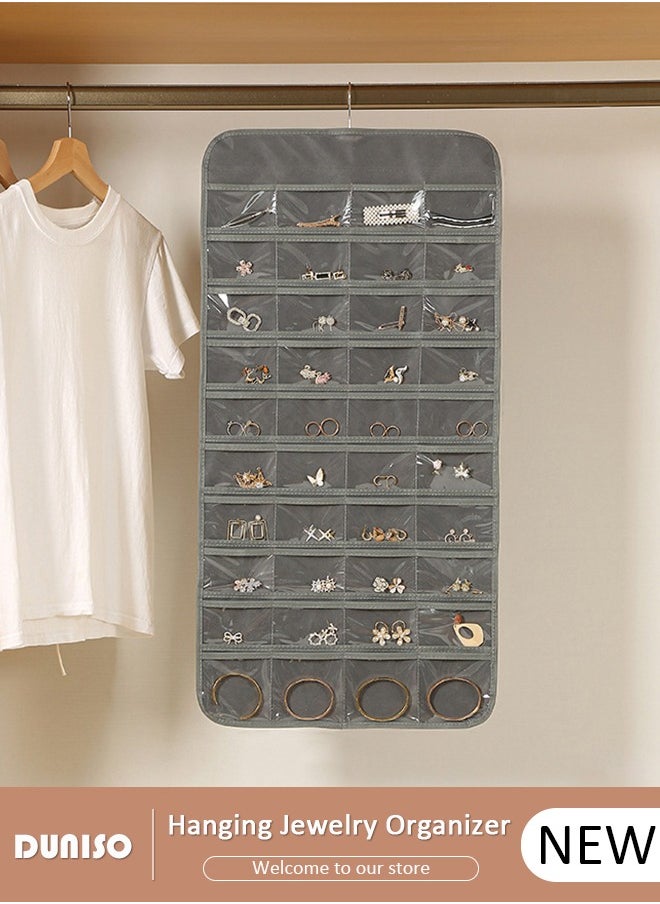 DUNISO Hanging Jewelry Organizer, Double Sided 80 Pocket Jewelry Chain Storage Bag, Multifunctional Jewelry Storage with Hanger Metal Hooks, Wall Mounted Display Stand for Earrings Necklace Bracelet Ring, Holder Box for Closet, Wall, Door  - Image 1