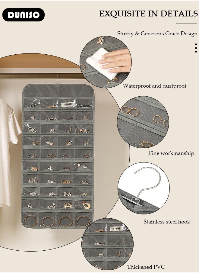 DUNISO Hanging Jewelry Organizer, Double Sided 80 Pocket Jewelry Chain Storage Bag, Multifunctional Jewelry Storage with Hanger Metal Hooks, Wall Mounted Display Stand for Earrings Necklace Bracelet Ring, Holder Box for Closet, Wall, Door  - Image 2
