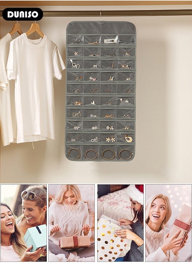 DUNISO Hanging Jewelry Organizer, Double Sided 80 Pocket Jewelry Chain Storage Bag, Multifunctional Jewelry Storage with Hanger Metal Hooks, Wall Mounted Display Stand for Earrings Necklace Bracelet Ring, Holder Box for Closet, Wall, Door  - Image 3
