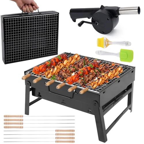 Pivalo New 2025-26 Tandoori Foldable & Portable Charcoal Barbeque Grill Set 【5 Combo】: 【8-Sticks】 【1-Blower】 【1-Spatula】 【1-Oil Brush】 Heavy Duty BBQ for Home Outdoor Camping Picnic Travel Cooking - Image 1