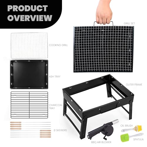 Pivalo New 2025-26 Tandoori Foldable & Portable Charcoal Barbeque Grill Set 【5 Combo】: 【8-Sticks】 【1-Blower】 【1-Spatula】 【1-Oil Brush】 Heavy Duty BBQ for Home Outdoor Camping Picnic Travel Cooking - Image 2