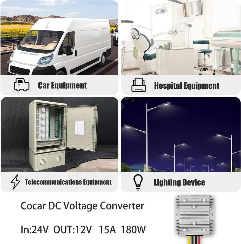 Cocar DC 24v to DC 12v Step Down Converter 15A 180W Power Supply Adapter Voltage Changer Reducer Regulator for Auto Car Truck Vehicle Boat Solar System etc.(Accept DC15-40V Inputs) - Image 2