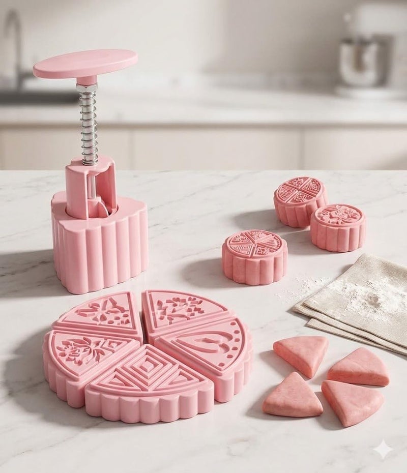 Generic Cookie and Maamoul Press with Spring, 5-Piece Plastic Shapes, Pink, .sg - Image 1