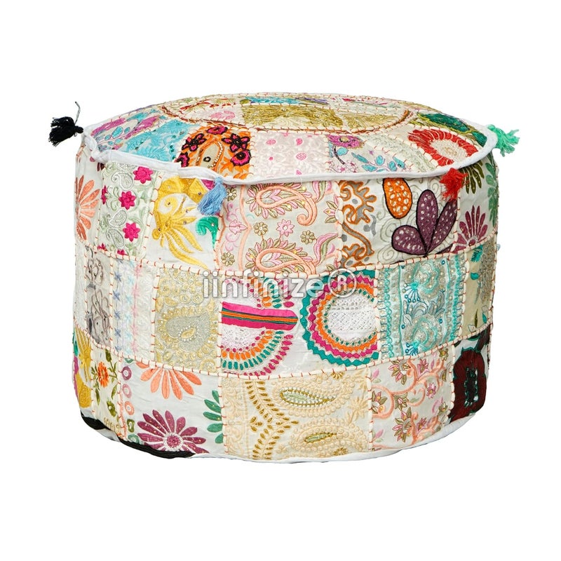 iinfinize 22 Inch Round Home Decorative Pouf Cover Cotton Patchwork Handmade Ottoman Footstool Pouff Traditional Khambadiya Muddha Living Room Seating Pouff White - Image 1