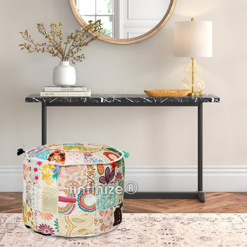 iinfinize 22 Inch Round Home Decorative Pouf Cover Cotton Patchwork Handmade Ottoman Footstool Pouff Traditional Khambadiya Muddha Living Room Seating Pouff White - Image 3