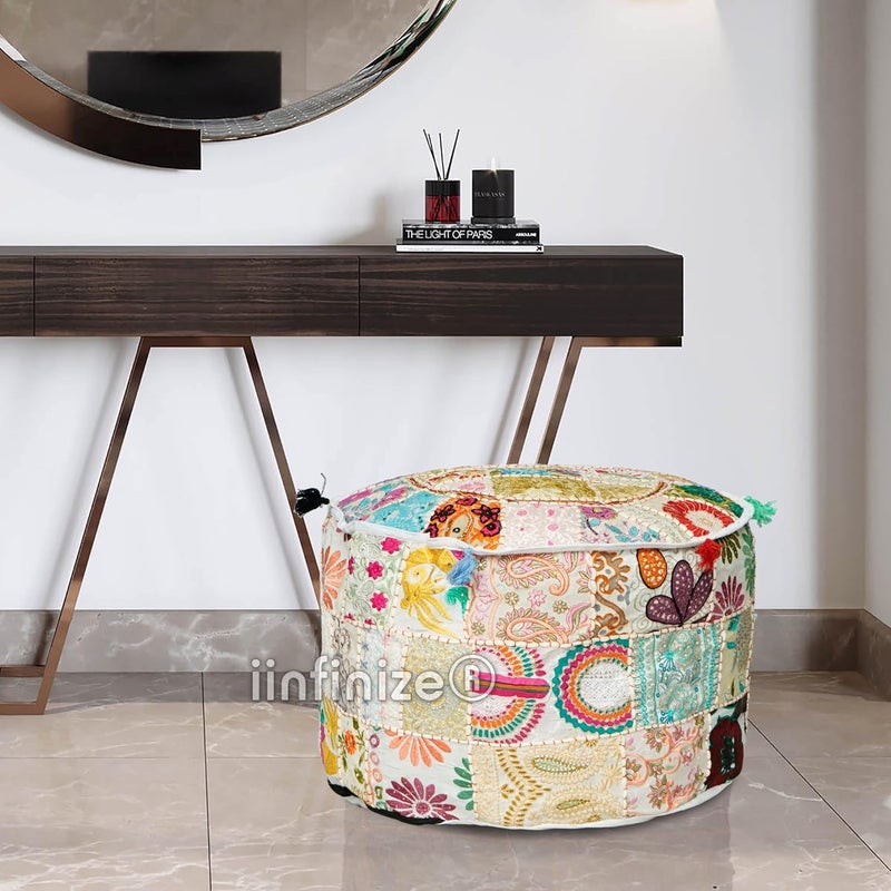 iinfinize 22 Inch Round Home Decorative Pouf Cover Cotton Patchwork Handmade Ottoman Footstool Pouff Traditional Khambadiya Muddha Living Room Seating Pouff White - Image 2