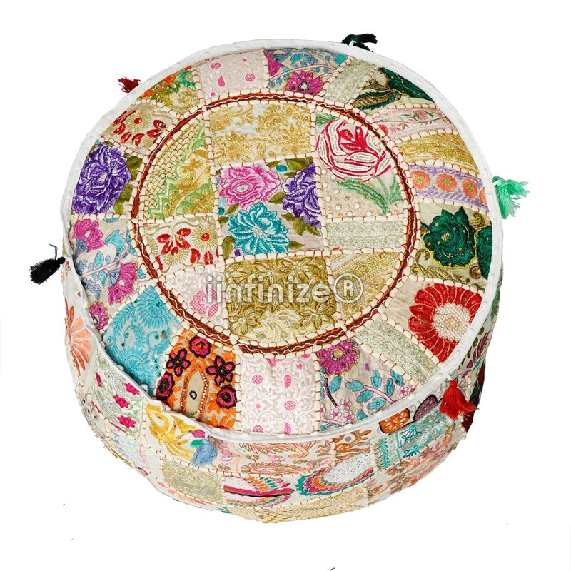 iinfinize 22 Inch Round Home Decorative Pouf Cover Cotton Patchwork Handmade Ottoman Footstool Pouff Traditional Khambadiya Muddha Living Room Seating Pouff White - Image 4