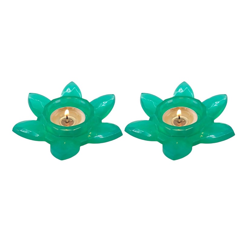 Gift Delight Handmade Lotus Shape Tea Light Candle Holder Set of 2 Pcs Green Unbreakable Candle Holder for Home Decor Ideal for Weddings Diwali Gifting and Special Occasions  - Image 1