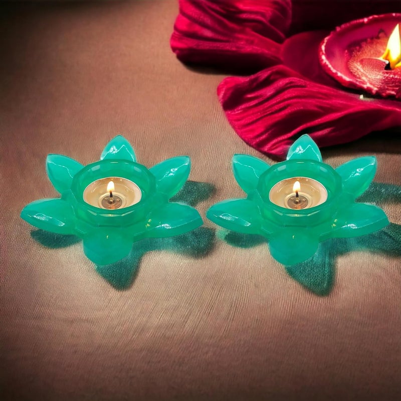 Gift Delight Handmade Lotus Shape Tea Light Candle Holder Set of 2 Pcs Green Unbreakable Candle Holder for Home Decor Ideal for Weddings Diwali Gifting and Special Occasions  - Image 2