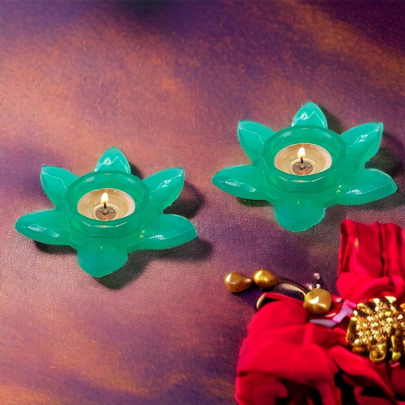 Gift Delight Handmade Lotus Shape Tea Light Candle Holder Set of 2 Pcs Green Unbreakable Candle Holder for Home Decor Ideal for Weddings Diwali Gifting and Special Occasions  - Image 3