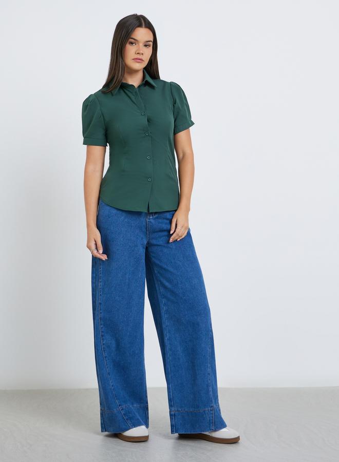 ستايلي قميص بأزرار وأكمام منتفخة بياقة واسعة - Image 2