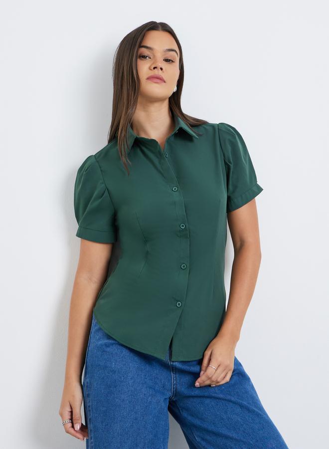 ستايلي قميص بأزرار وأكمام منتفخة بياقة واسعة - Image 1