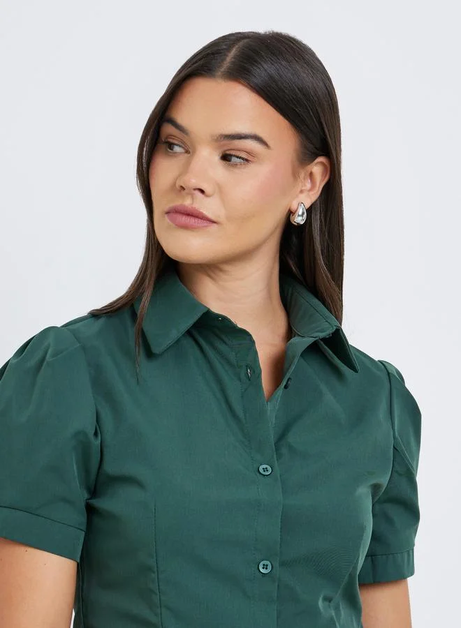 Styli Green Styli Spread Collar Puff Sleeve Buttoned Shirt for Women | Best Price UAE