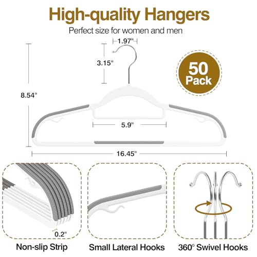 UEAKPIC Plastic Hangers 50 Pack, 16.5 in Heavy Duty Clothes Hangers with 360° Swivel Hook, Non-Slip Bar & 0.2" Ultra-Slim Space-Saving Organizers for Coats, Pants, Suits, Shirts, White & Dark Gray - Image 2