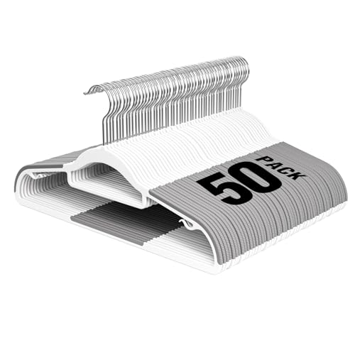 UEAKPIC Plastic Hangers 50 Pack, 16.5 in Heavy Duty Clothes Hangers with 360° Swivel Hook, Non-Slip Bar & 0.2" Ultra-Slim Space-Saving Organizers for Coats, Pants, Suits, Shirts, White & Dark Gray - Image 1