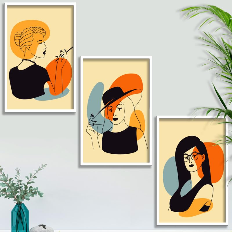 SAF SAF paintings Set of 3 Abstract model girl Boho modern art design Premium white Framed Bohemian wall painting for for Wall, Home and Living Room Decoration 80 cms x 34.29 cms COMBO-2151-K3A - Image 1