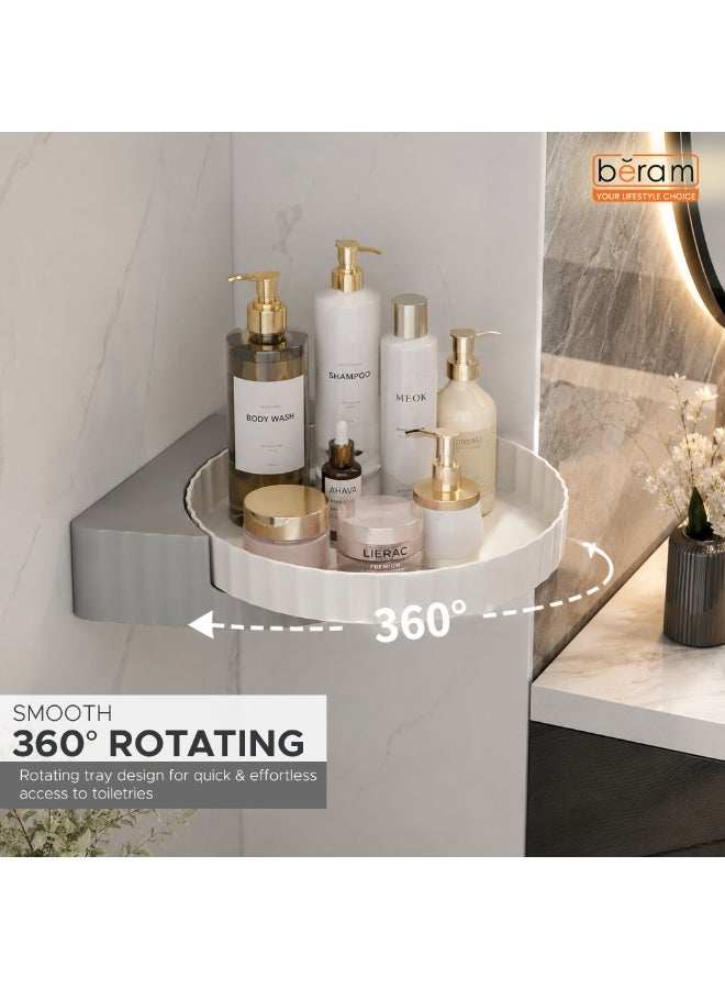 رف تخزين الحمام من بيرام رف زاوية دوّار منظم بتصميم دوران 360 درجة موفّر للمساحة مقاوم للماء جداري التركيب لاصق ذاتيًا رف دش لمستلزمات الاستحمام باللونين الأبيض والرمادي - Image 3