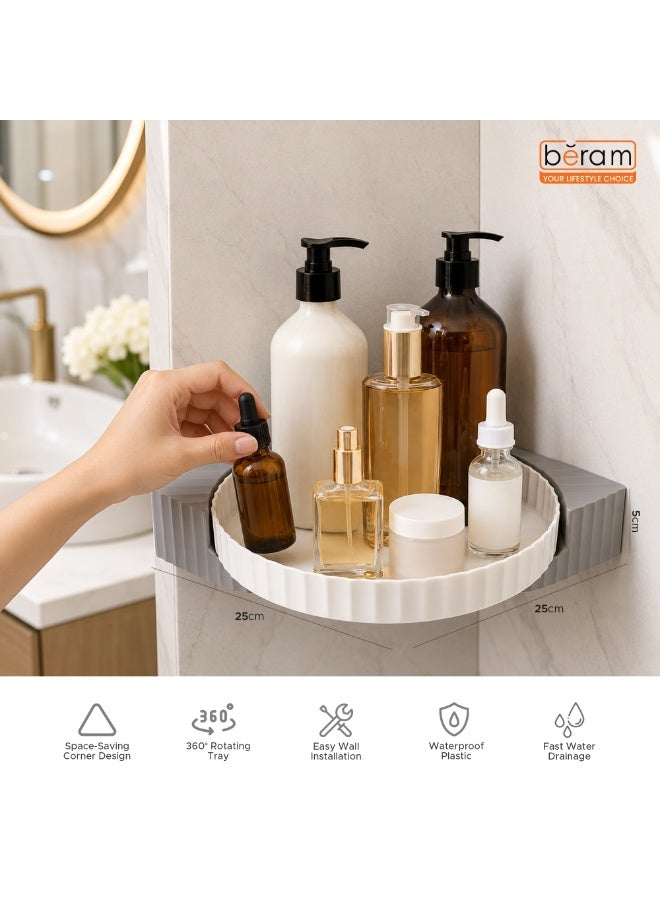 رف تخزين الحمام من بيرام رف زاوية دوّار منظم بتصميم دوران 360 درجة موفّر للمساحة مقاوم للماء جداري التركيب لاصق ذاتيًا رف دش لمستلزمات الاستحمام باللونين الأبيض والرمادي - Image 5