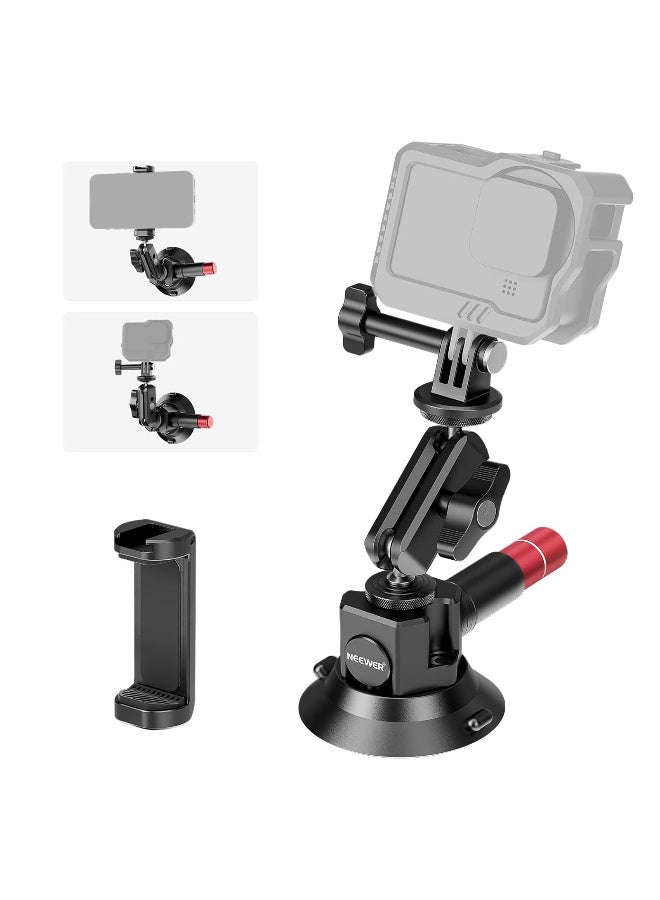 NEEWER 4 Inch Suction Cup Mount for Camera Phone GoPro, Strong Vacuum Car Mount with Magic Arm, 360° Rotation, Stable Holder for Action Cameras & Smartphones, Includes Adapter & Phone Clip - Image 1