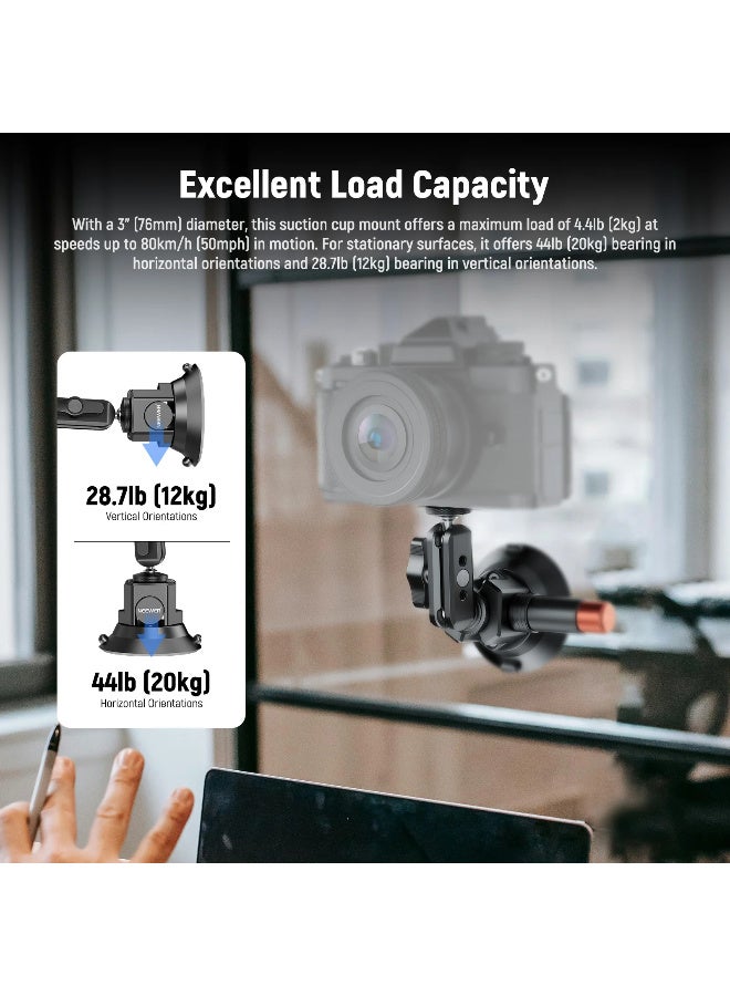 NEEWER 4 Inch Suction Cup Mount for Camera Phone GoPro, Strong Vacuum Car Mount with Magic Arm, 360° Rotation, Stable Holder for Action Cameras & Smartphones, Includes Adapter & Phone Clip - Image 3