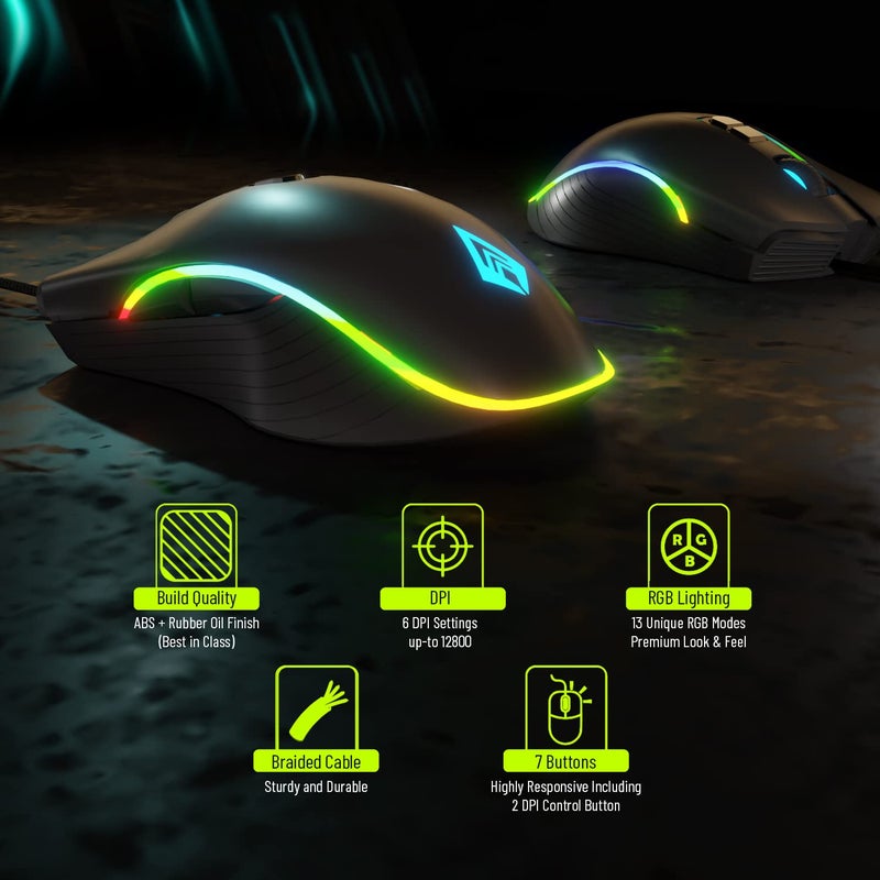 Archer Tech Lab Recurve 200 Rubber Oil Finish Wired Gaming Mouse,Adjustable 12800 Dpi&7 Buttons,13 Color Breathing RGB,Gaming Sensor with 1000Hz Polling Rate,Compatible with Pc/Mac - Black - Image 2