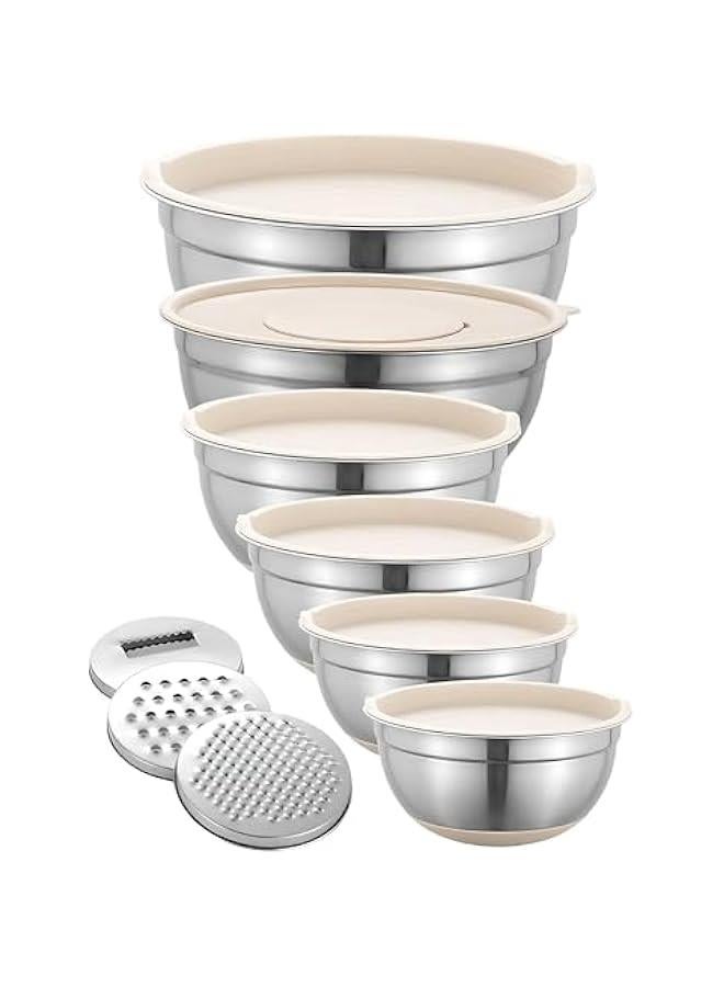 HOOKOR Durku Mixing Bowls with Airtight Lids Set, 6PCS Stainless Steel Nesting Bowls with Grater Attachments, Kitchen Bowls with Non-Slip Bottoms, Size 18,20,22,24,26,28 for Mixing & Serving (Khaki) - Image 1