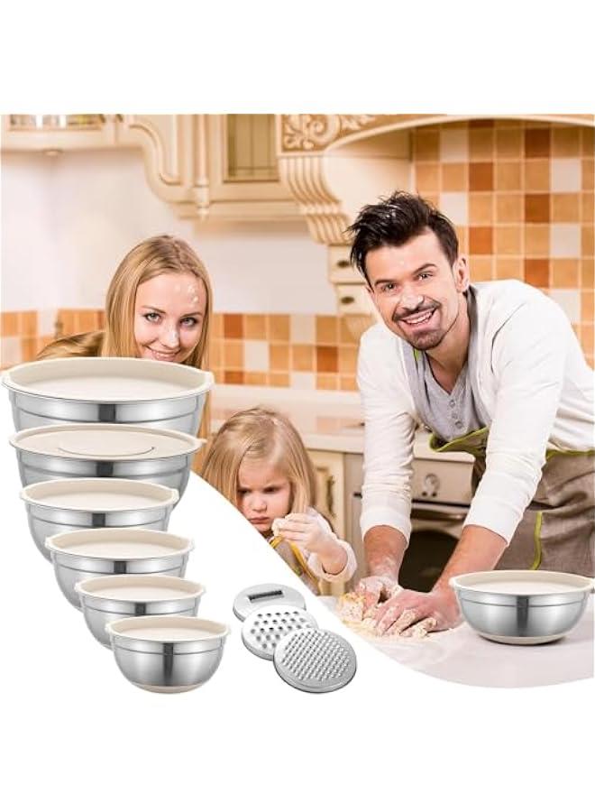 HOOKOR Durku Mixing Bowls with Airtight Lids Set, 6PCS Stainless Steel Nesting Bowls with Grater Attachments, Kitchen Bowls with Non-Slip Bottoms, Size 18,20,22,24,26,28 for Mixing & Serving (Khaki) - Image 2
