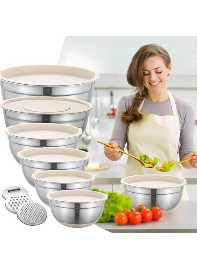 HOOKOR Durku Mixing Bowls with Airtight Lids Set, 6PCS Stainless Steel Nesting Bowls with Grater Attachments, Kitchen Bowls with Non-Slip Bottoms, Size 18,20,22,24,26,28 for Mixing & Serving (Khaki) - Image 3